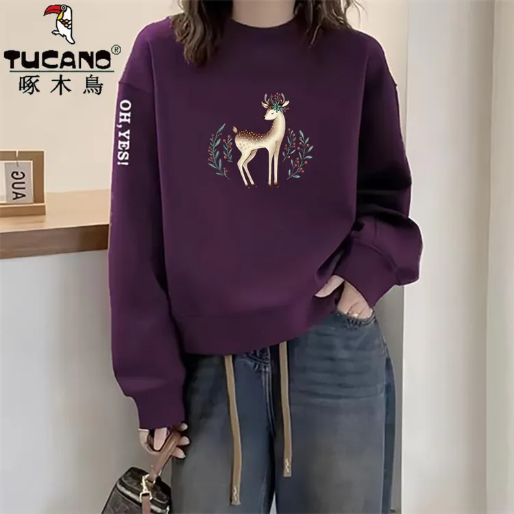 啄木鸟纯棉春秋季加绒圆领卫衣休闲印花打底气质套头无帽女装外套