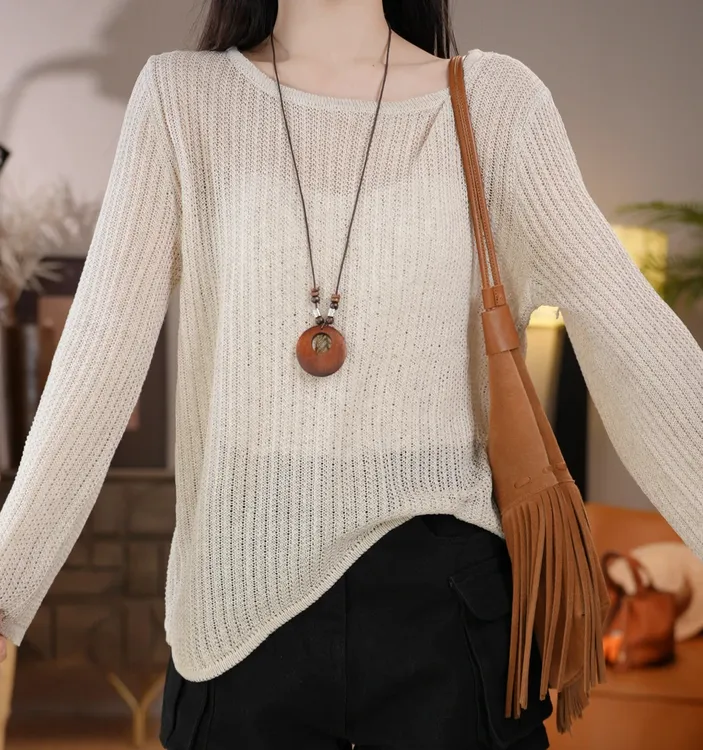 唐乐le｜25new圆领宽松套头秋季镂空文艺复古上衣