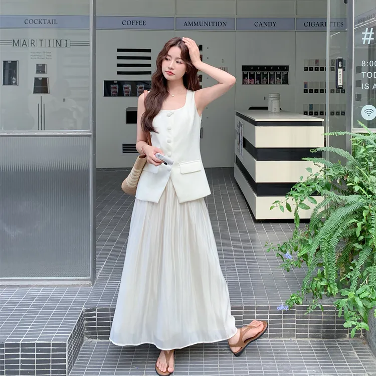 韩系通勤风无袖马甲流光半身裙2025夏季新款气质法式显瘦名媛套装