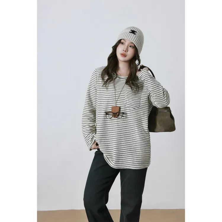 大婉酱微胖定制【曼塔情书】桑蚕丝绵羊毛混纺条纹长袖t恤上衣3092D