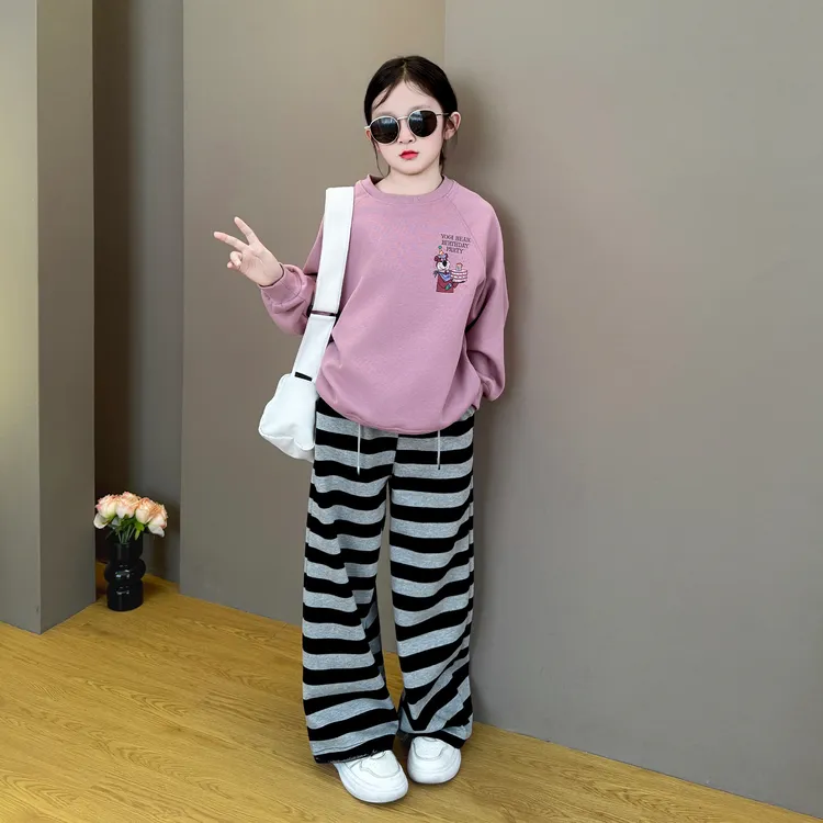 女童2025新款韩版洋气春秋季时尚卫衣休闲宽松直筒条纹裤套装潮酷