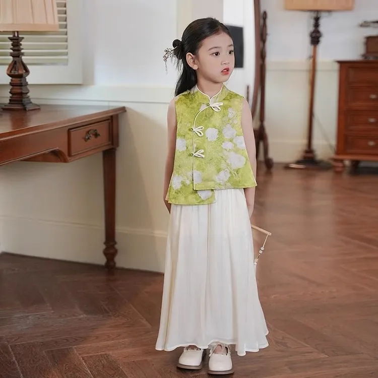 女童国风汉服立领马甲夏季新款阔腿裤套装网纱古风新中式套裤