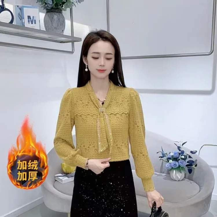 A9020秋冬新款磨毛蕾丝打底衫V领外穿内搭洋气减龄显瘦百搭上衣