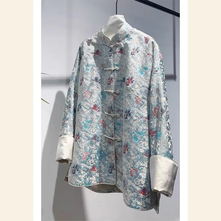 轻奢流行漂亮高级感老钱风新中式国风蓝色印花宋锦外套女欧若风