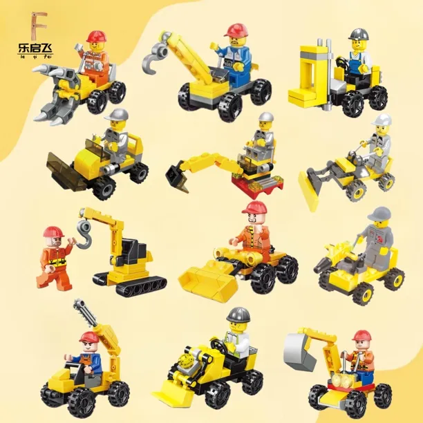网红超级工程队12车带人仔积木儿童启蒙益智玩具拼装环保男孩女孩