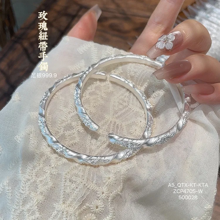足银手镯 中秋礼物足银9999手镯女新中式百搭手工纯银镯子生日