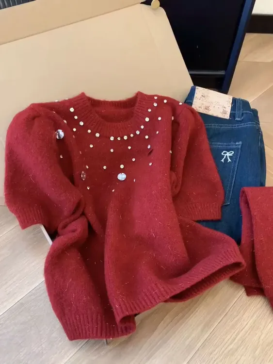 本命年红色亮片袖套毛衣女2025秋冬款软糯针织衫别致断截袖小上衣