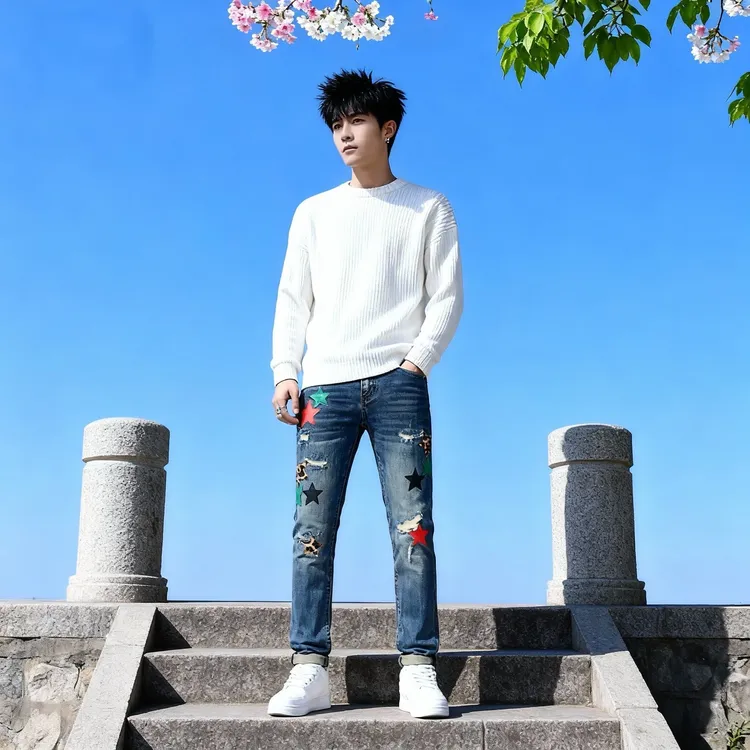 秋冬款高端男士牛仔裤时尚破洞贴布印花潮流百搭显瘦修身直筒裤