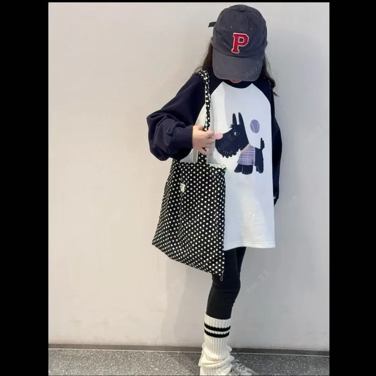 【亲子装】韩版加绒秋冬女童洋气卡通小狗印花儿童拼色卫衣裙套装