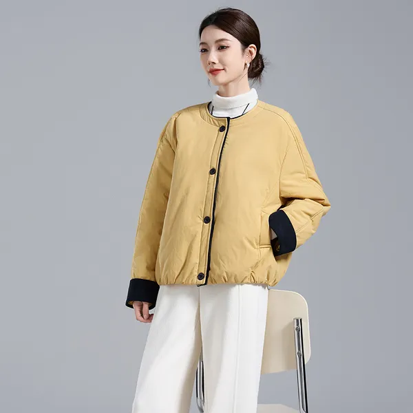 燕苹秋冬新款加厚保暖时尚U领简约撞色翻折螺纹袖宽松夹克AMA283