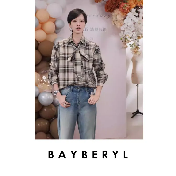 CC12-BAYBERYL老贝杨树飘带翻领格纹复古休闲时尚秋衬衫NCY5H0513