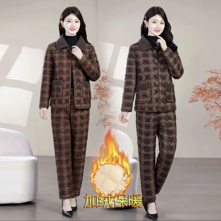 妈妈冬季加绒加厚中长款棉袄套装中老年棉服洋气时尚