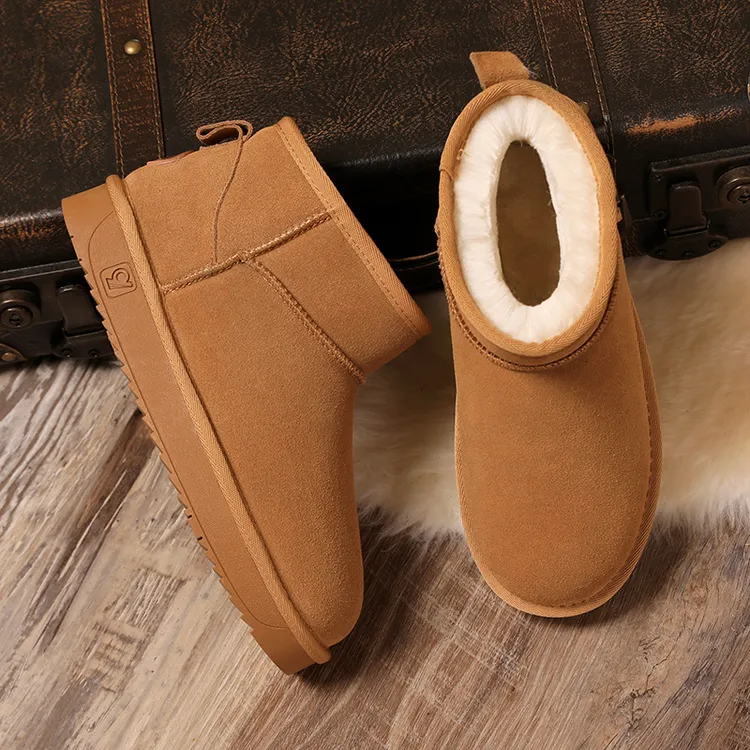 羊毛一体一脚蹬冬季加绒保暖雪地靴加厚短筒面包鞋真皮牛皮短靴