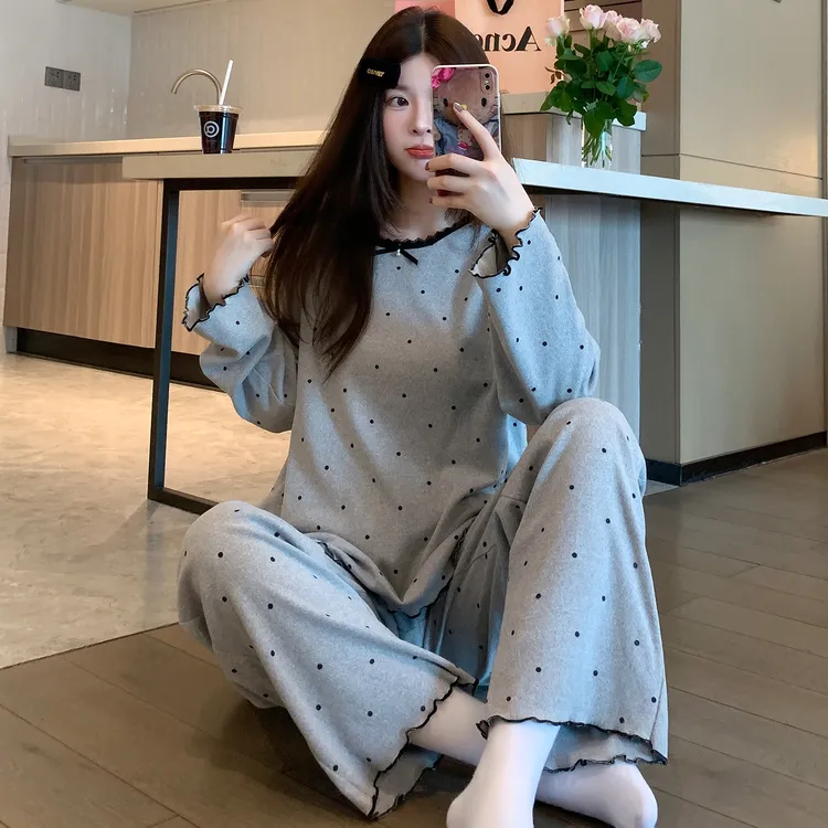 德绒睡衣女秋冬季2025年新款保暖长袖简约甜美波点家居服秋款套装