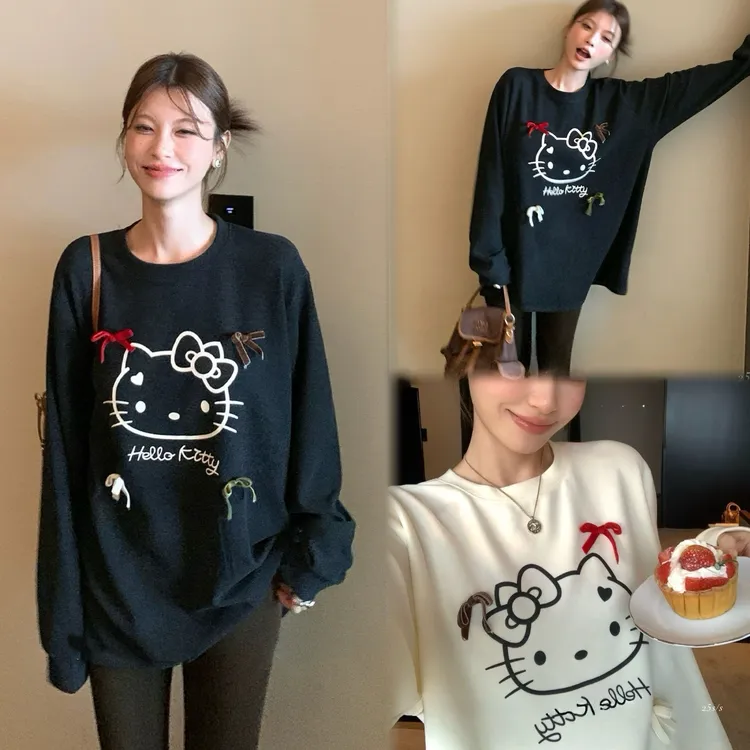 新款韩系大码慵懒风宽松显瘦上衣蝴蝶结卡通圆领长袖T恤
