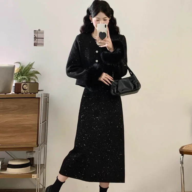 【董咚咚】120-300斤秋冬大码小香风夹棉外套半身裙套装