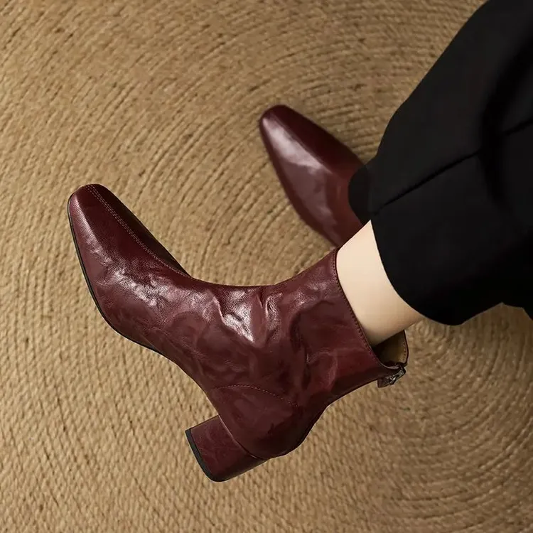 头层小羊皮5公分33-40码气质方头短靴女 粗跟安可拉红色舒适女靴