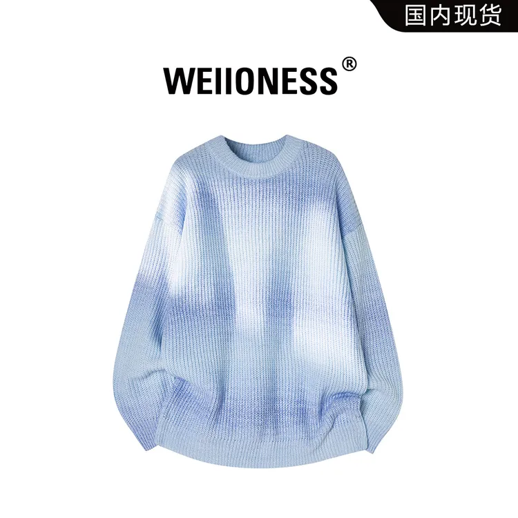 WEIIONESS日系圆领毛衣男士秋冬小清新ins慵懒风渐变潮流男生衣服