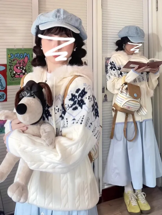 慵懒风蓝白色费尔岛连帽毛衣外套女秋冬季2025新款宽松针织女开衫