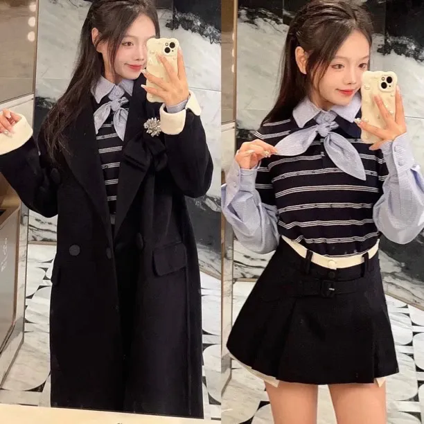 木子店藏蓝色双面毛呢中长款大衣