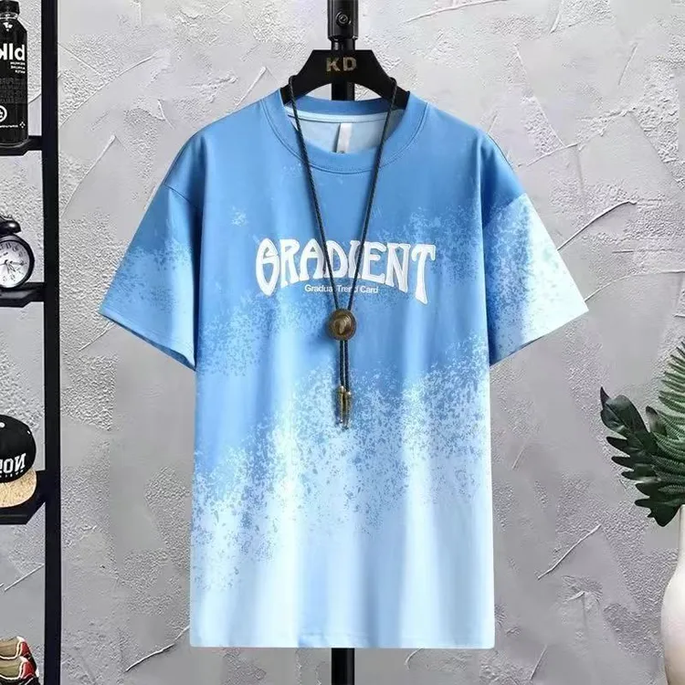 冰丝凉感短袖t恤男夏季潮牌渐变五分半袖男宽松上衣服青少年体恤T