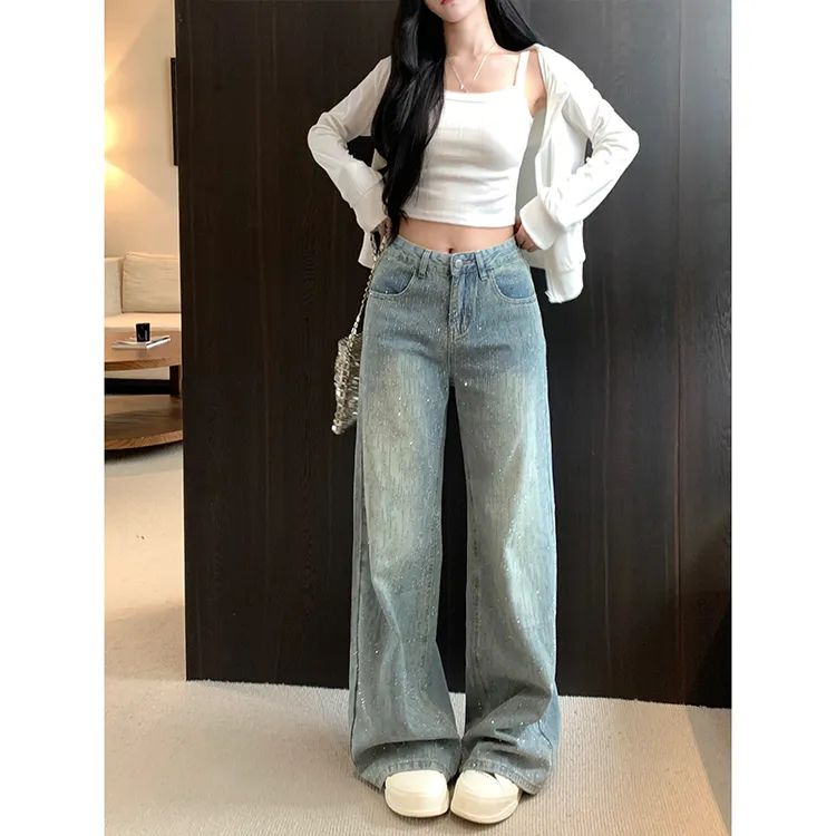 银河碎钻重工阔腿牛仔裤女2025早秋新款高腰宽松遮肉显瘦拖地长裤