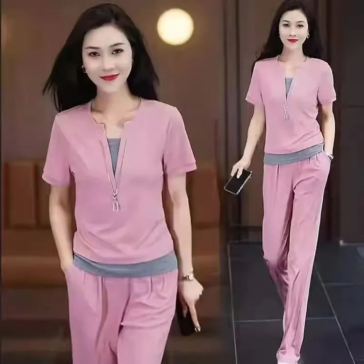 休闲运动服套装女士2025夏季新款洋气减龄假两件短袖阔腿裤两件套