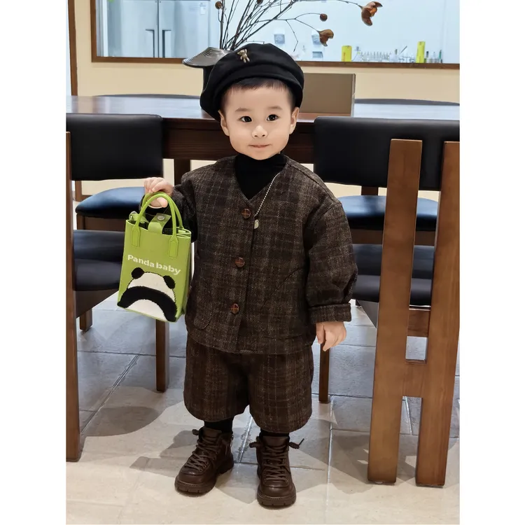 壹妈韩版童装男女童秋冬洋气格子咖色套装儿童加厚拜年服呢大衣