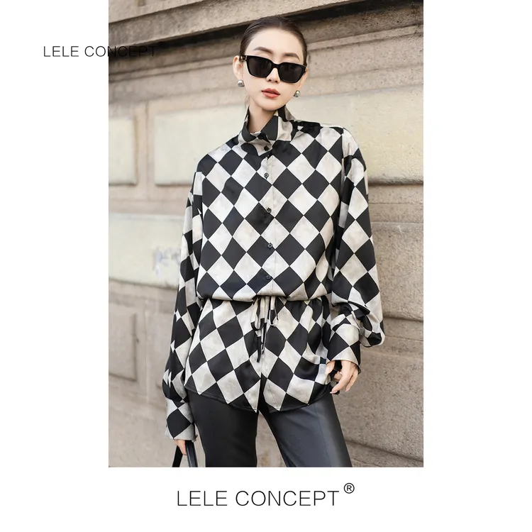LELE CONCEPT丨「丽」时尚休闲设计款菱形块立领抽带衬衫FC25D0276Y
