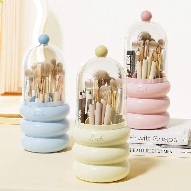 马卡龙化妆刷防尘收纳筒旋转带盖桌面收纳盒置物架