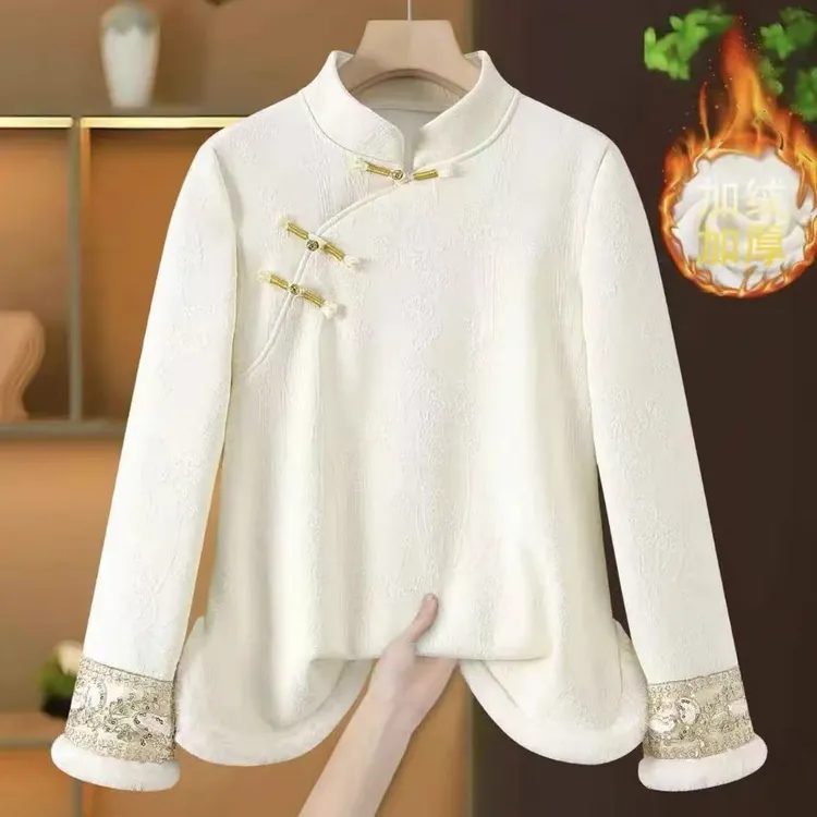 2025冬季加绒加厚绣花洋气保暖设计感复古盘口显瘦打底女