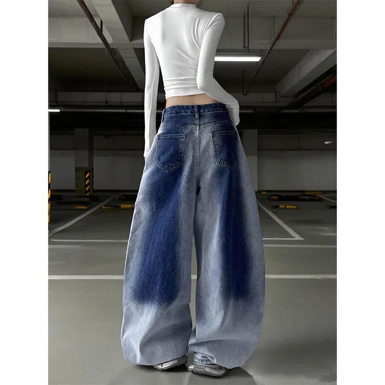 微胖mm渐变色复古水洗垂感牛仔裤女秋季新款街头解构垂感阔腿长裤