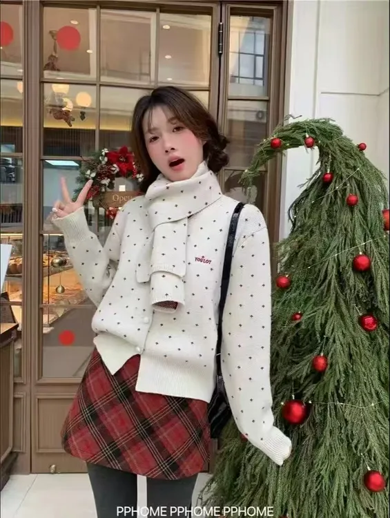 【围巾赠送】氛围感红色两件套带围巾毛衣开衫女秋冬慵懒风针织外套