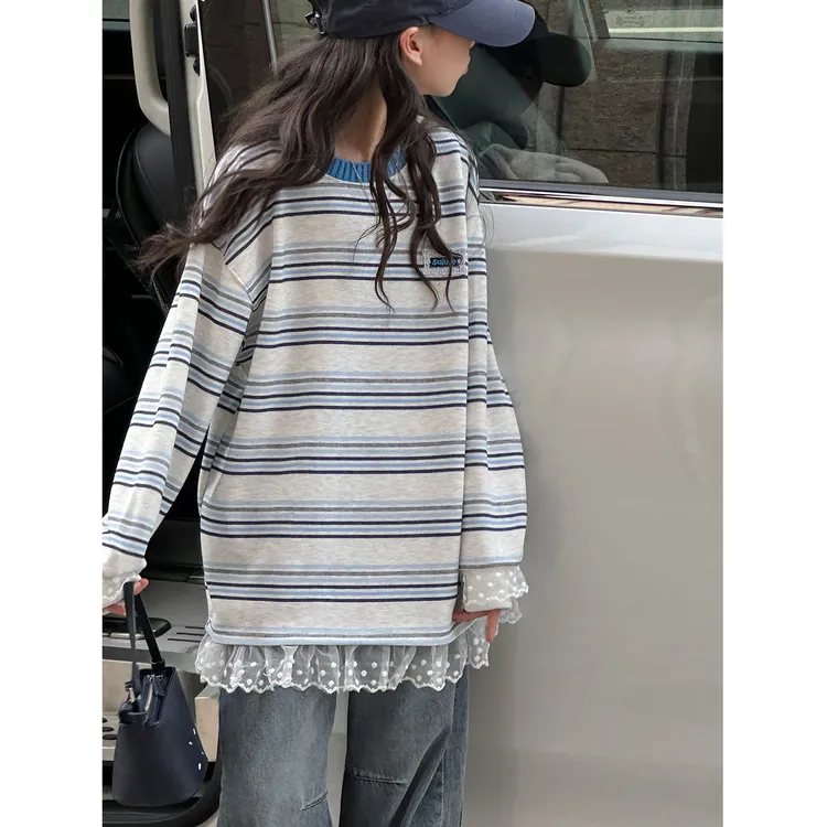 K29694孙小美撞色蕾丝女童秋装卫衣2025新款儿童条纹上衣春秋打底