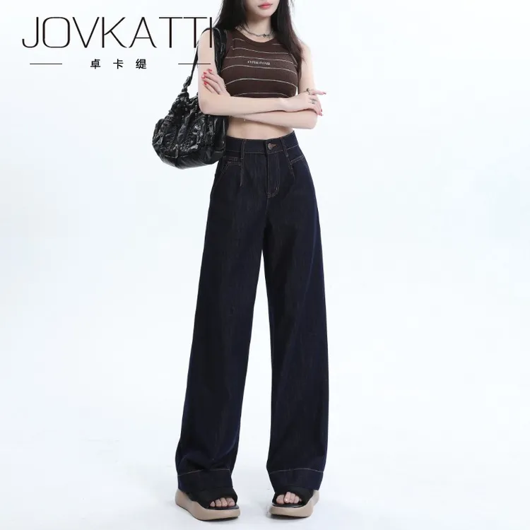 卓卡缇直筒牛仔裤女2025夏季薄款垂感窄版阔腿拖地长裤子