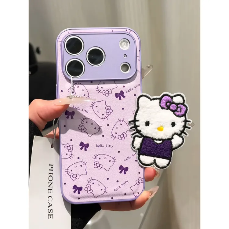 紫色线条KT猫适用苹果17p手机壳16PM金属皮纹oppo华为p70小米15女