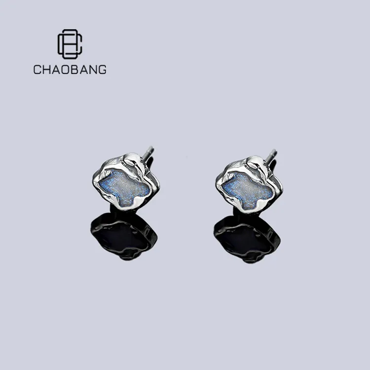 chaobang/潮邦 铜合金耳饰 璀璨浅蓝耳钉不规则肌理设计小众饰品