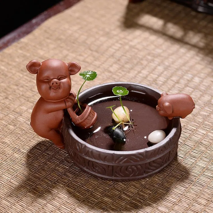 可爱陶瓷茶宠精品摆件招财多肉盆景小猪茶道配件紫砂玩家居摆件