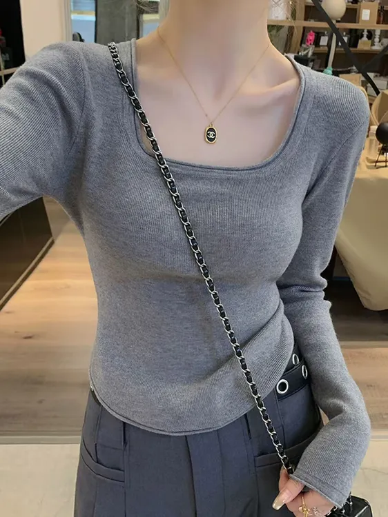 2025年春季方领露锁骨打底衫女卷边修身小个子短上衣内搭针织毛衣