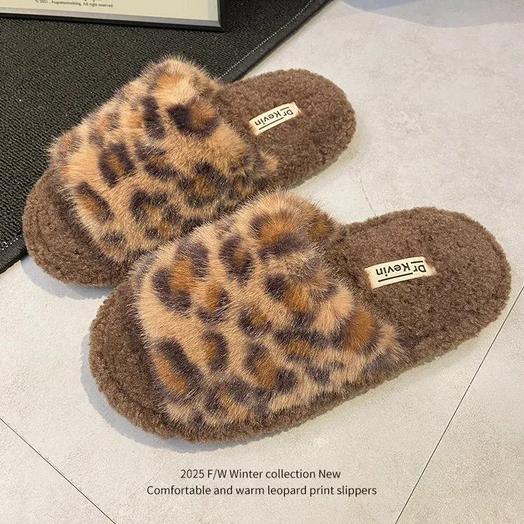 圆头豹纹棉拖女厚款防滑小香毛毛拖鞋开口舒适轻便棉拖鞋休闲百搭