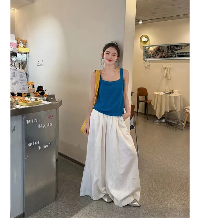 2025夏季新款时尚洋气设计感方领吊带背心高腰百搭显瘦休闲阔腿裤