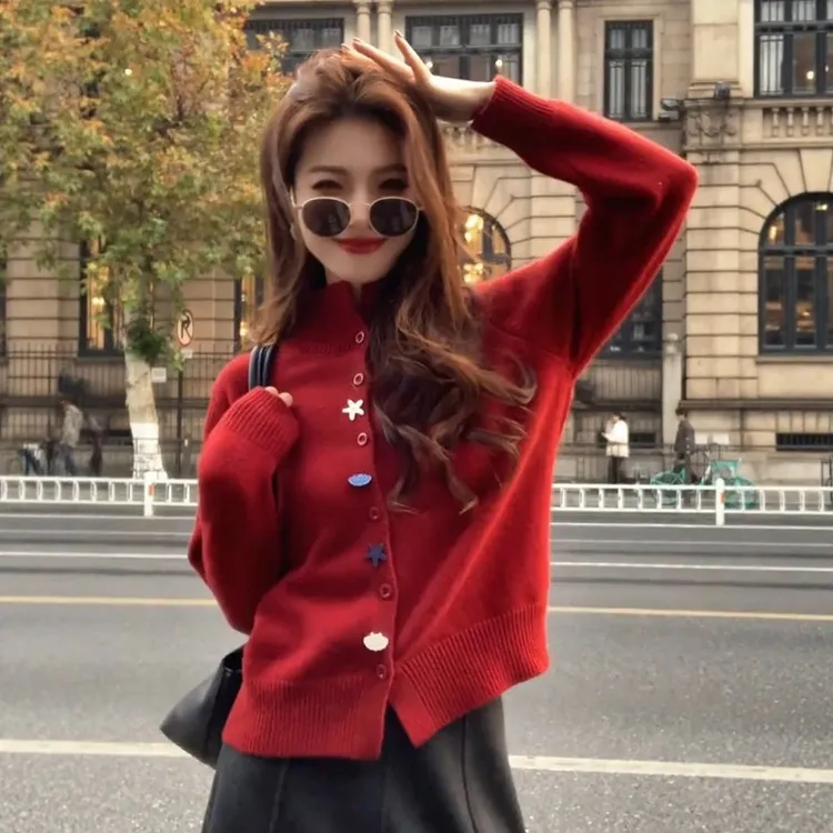 韩系新年红色半高领针织开衫女秋冬绝美设计感毛衣外套巨好看上衣