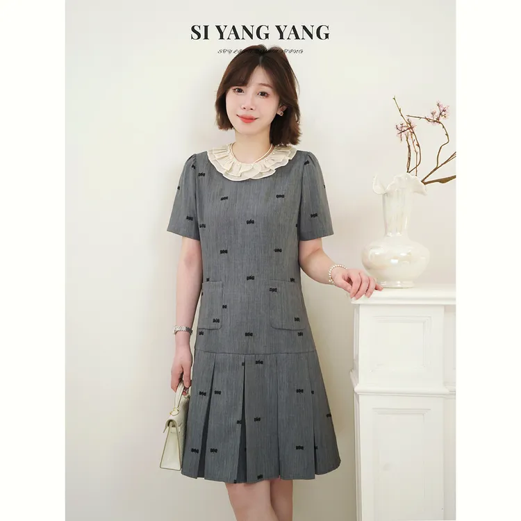 SIYANG轻薄舒爽蝴蝶结刺绣麻纱新款透气减龄连衣裙LYQ504A016SYY