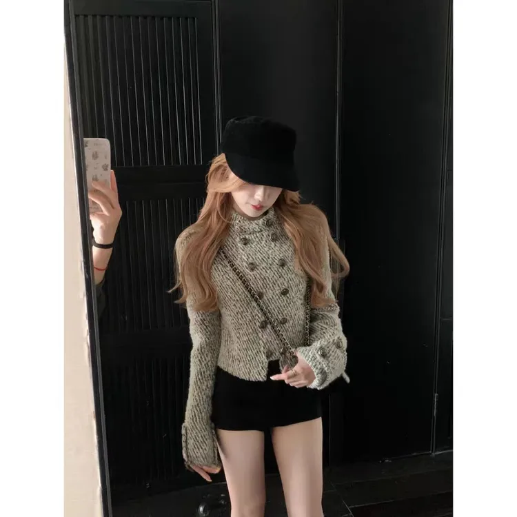 曼曼【凯旋门之约】骑士风双排扣小香羊毛外套女25285#