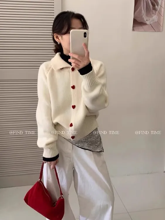 撞色爱心扣针织衫女秋季新款高领翻领两穿宽松毛衣开衫外套上衣