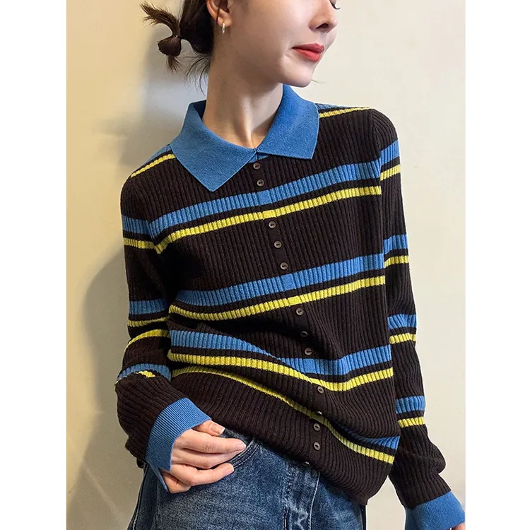 撞色条纹翻领针织衫女冬季新款胖MM遮肉显瘦气质设计感毛衣打底衫