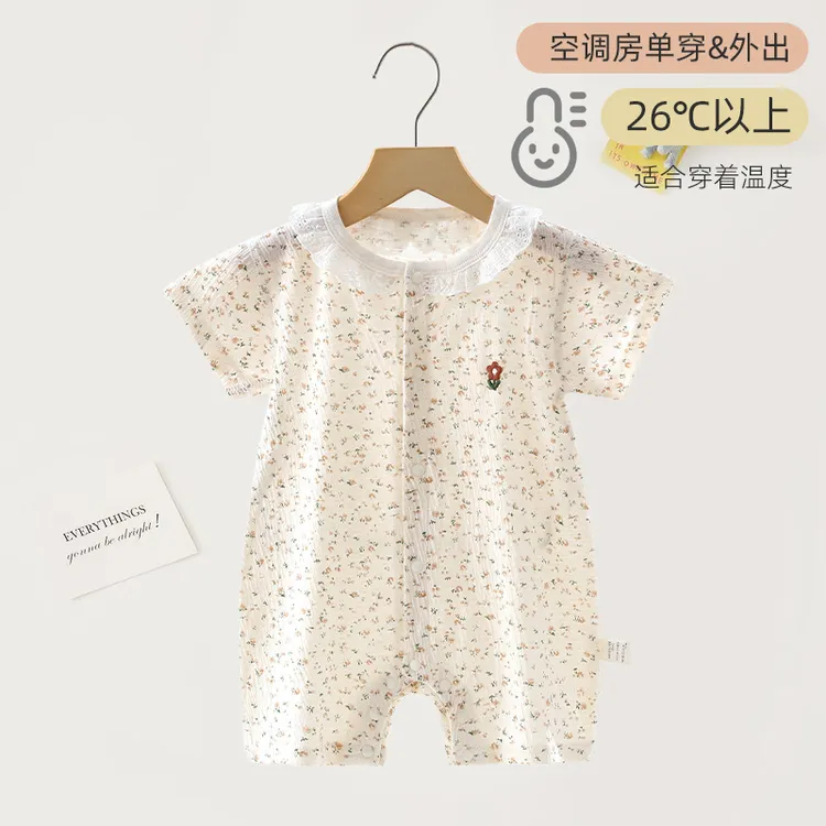 夏季夏天韩版婴幼儿短袖连体衣皱皱棉外出衣空调服薄款哈衣