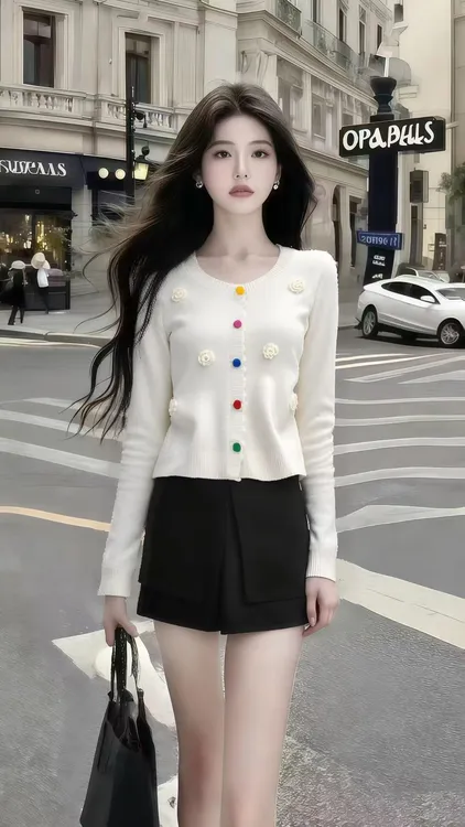 早秋时尚氛围感穿搭米白色圆领长袖立体碎花上衣+黑色小众短裤女