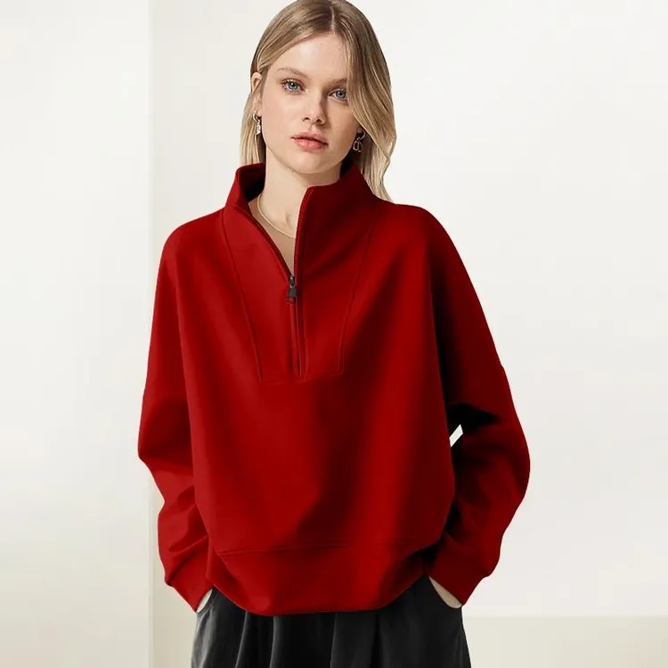 红色立领拉链卫衣女2025秋冬装新款复古设计感宽松显瘦内搭上衣潮