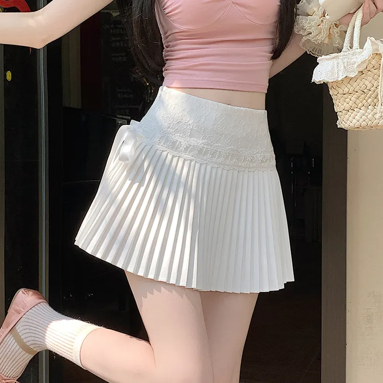 2025新款设计感蕾丝花边半身裙高腰A字裙白色短裙芭蕾风百褶裙女